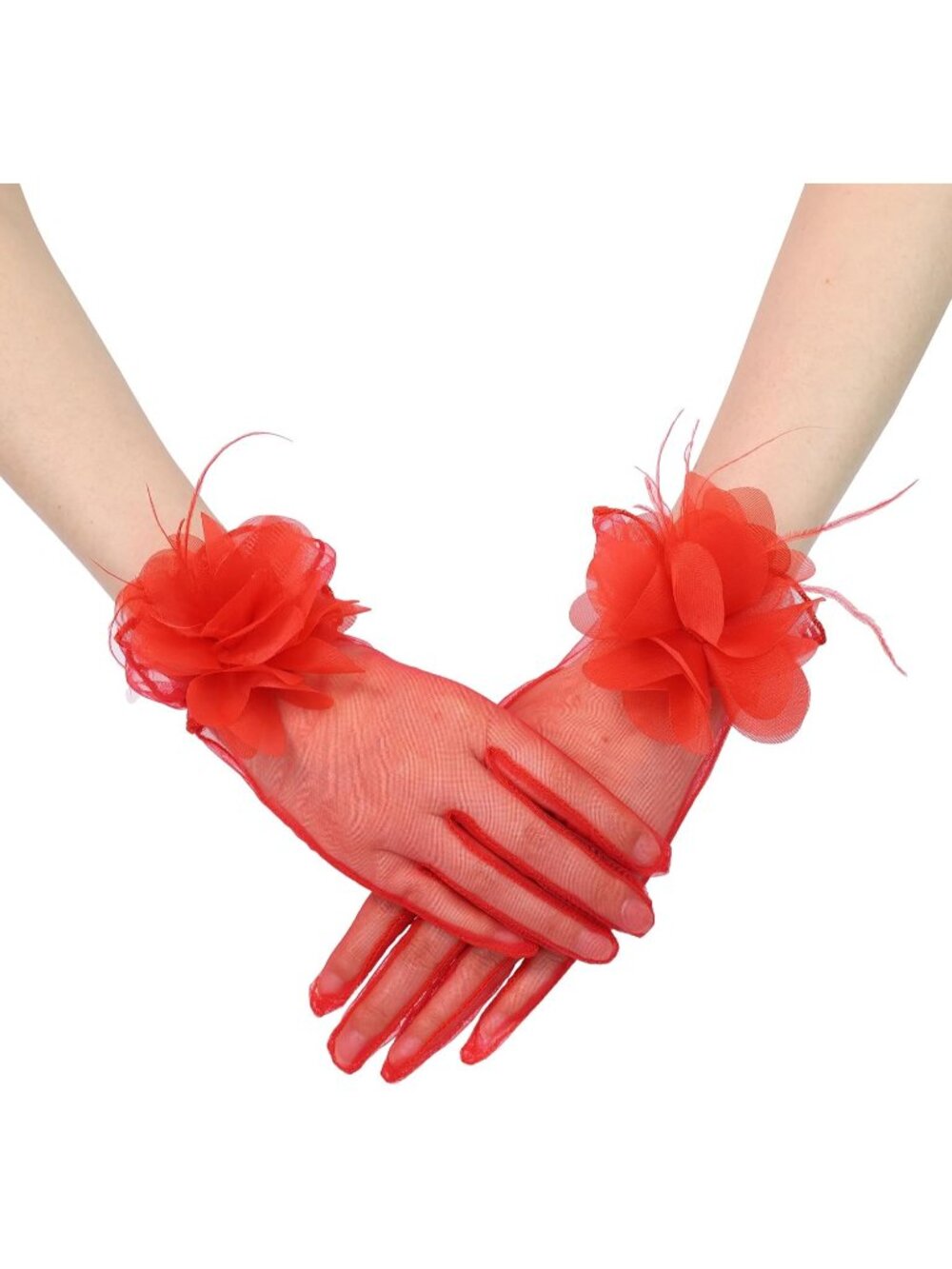 Women's Red 100% Nylon Sheer Floral Wedding Tea Party Short Tulle Glove